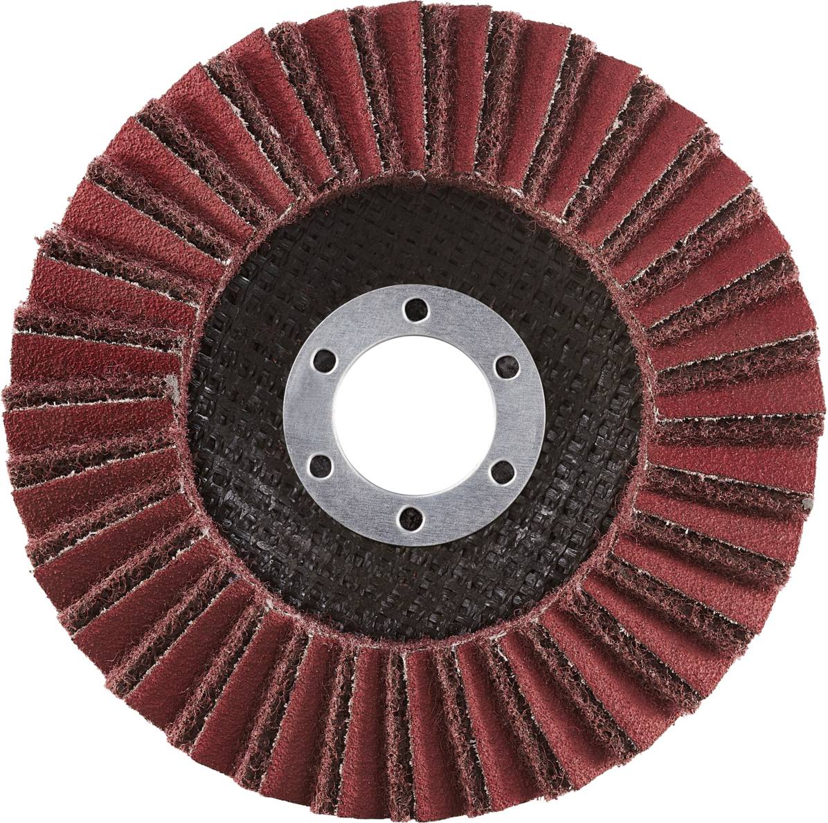 Rotes Schleifrad mit zentralem Metallloch. Verwendet zum Glätten von Oberflächen in handwerklichen oder industriellen Anwendungen.