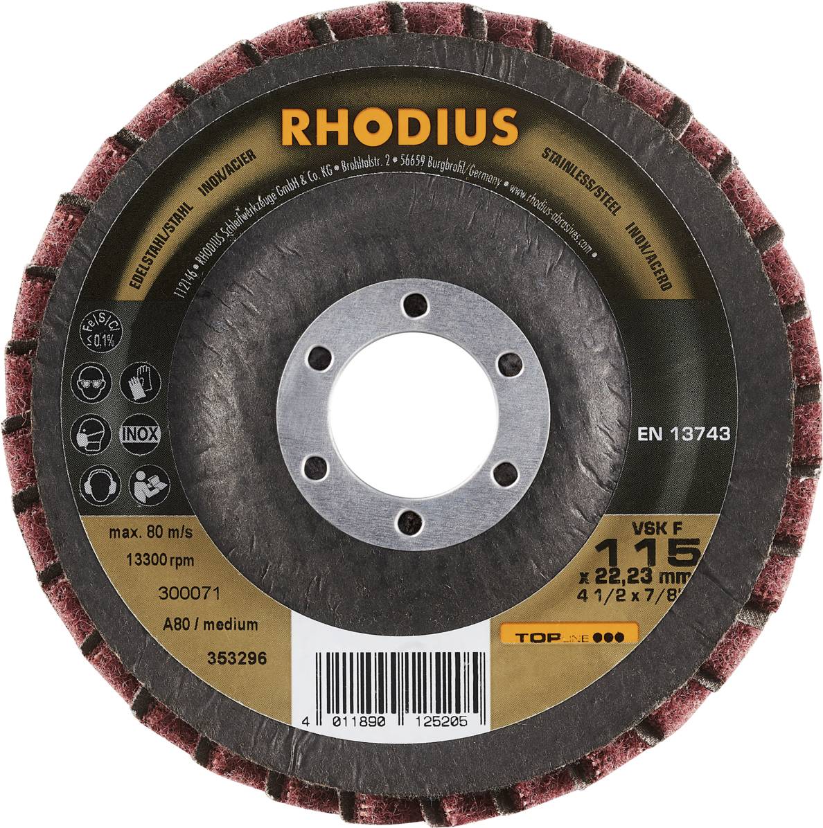 Schleifscheibe mit Aufschrift 'RHODIUS', max. Umdrehungen 13.300 pro Minute, Körnung A80, Durchmesser 115 mm, Bohrung 22,23 mm.