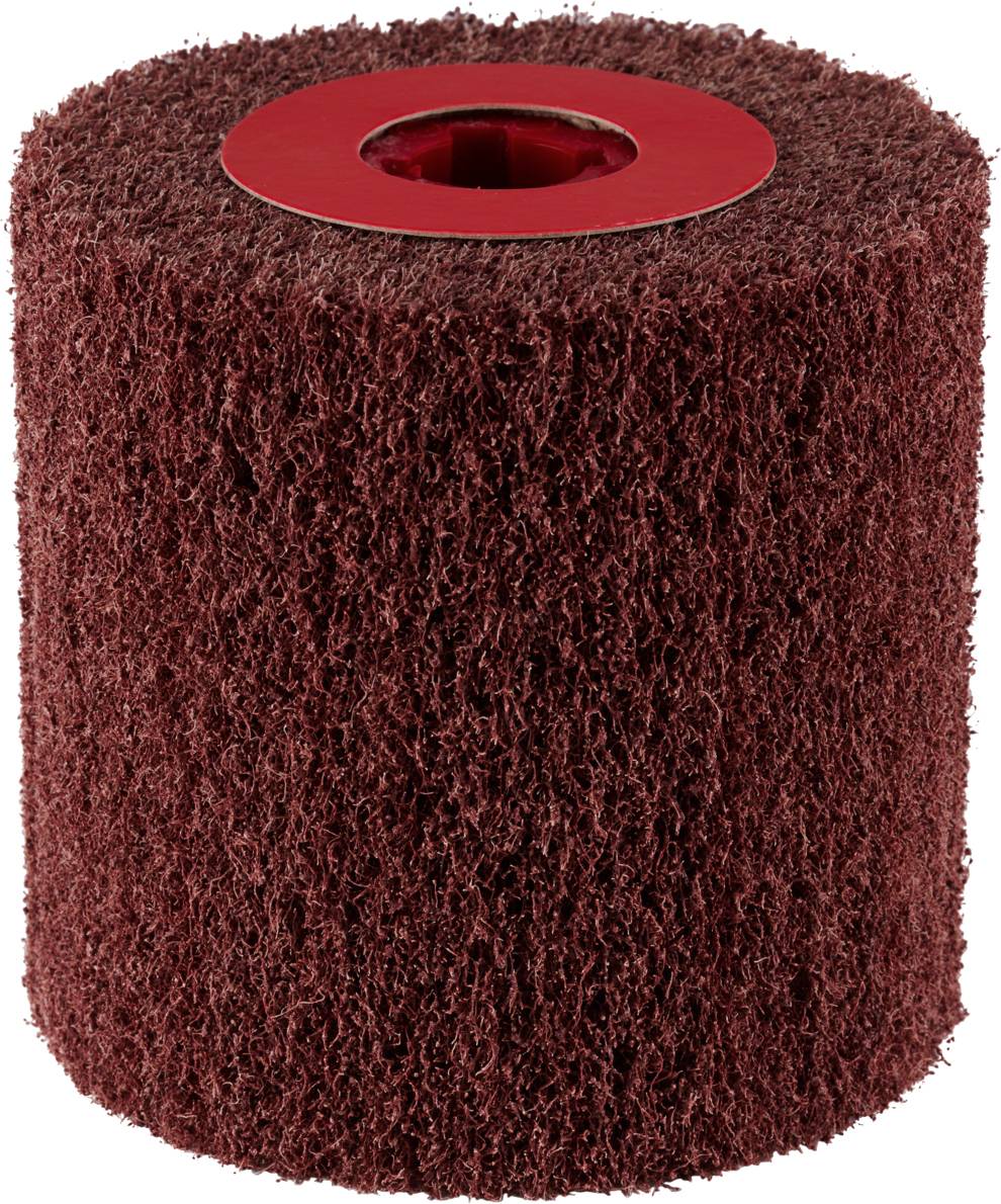 Eine braune Schleifwalze mit rotem Kern, zylindrische Form. Verwendet für das Polieren und Schleifen von Oberflächen.