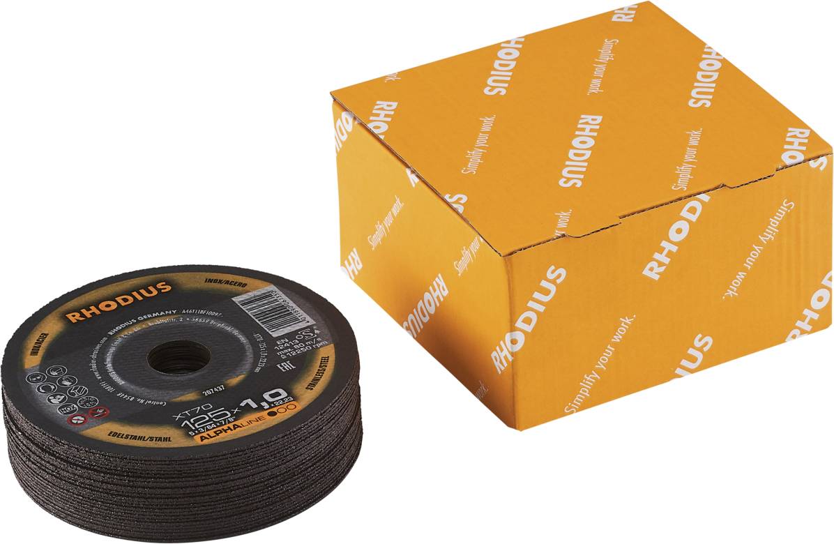 Schleifscheiben von Rhodius neben einer orangefarbenen Verpackung mit der Aufschrift 'RHODIUS'.