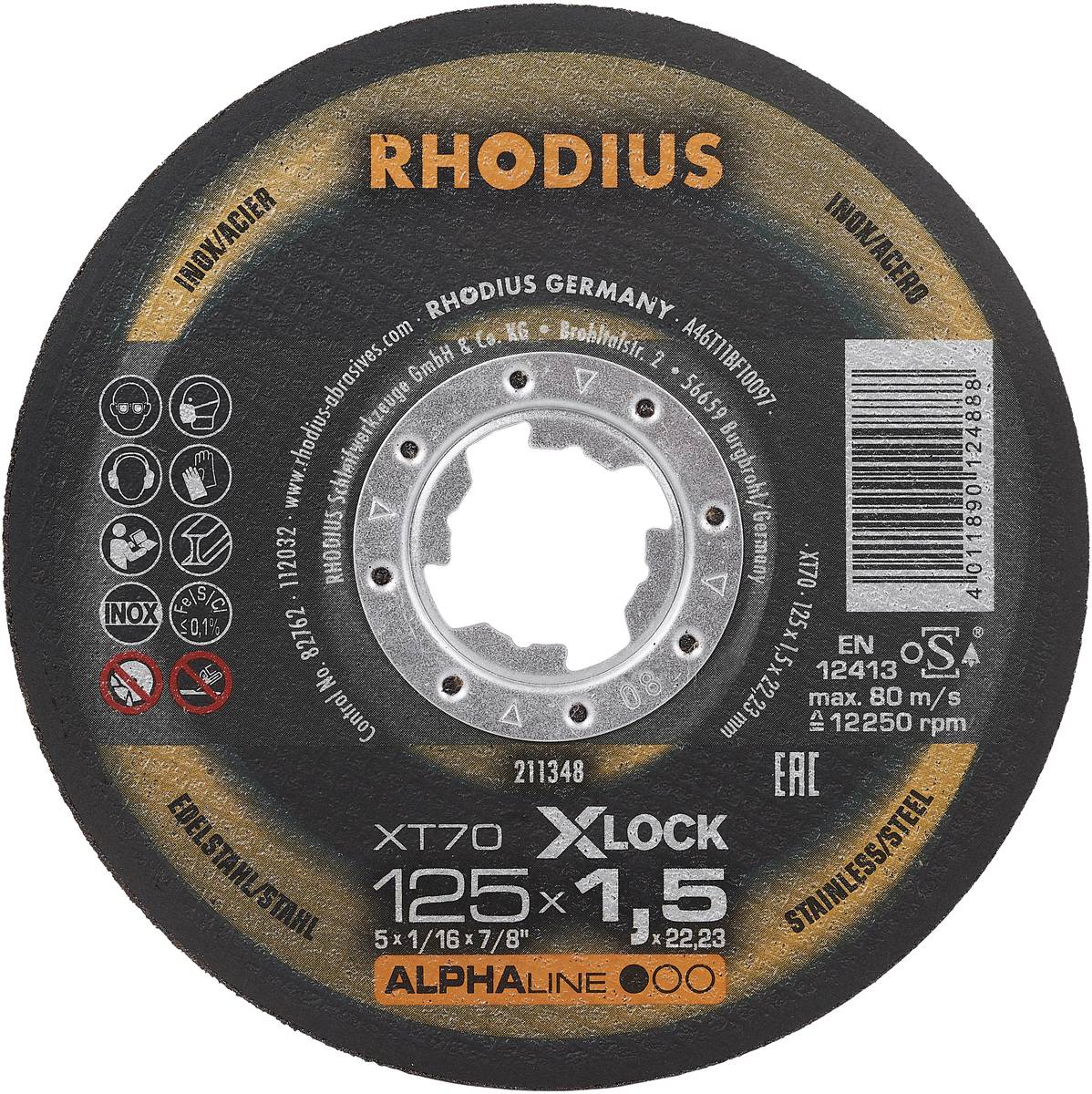 'Schleifscheibe, Marke Rhodius, Durchmesser 125mm, Dicke 1,5mm, für Edelstahl geeignet, Modell XT70, X-LOCK Befestigungssystem.'