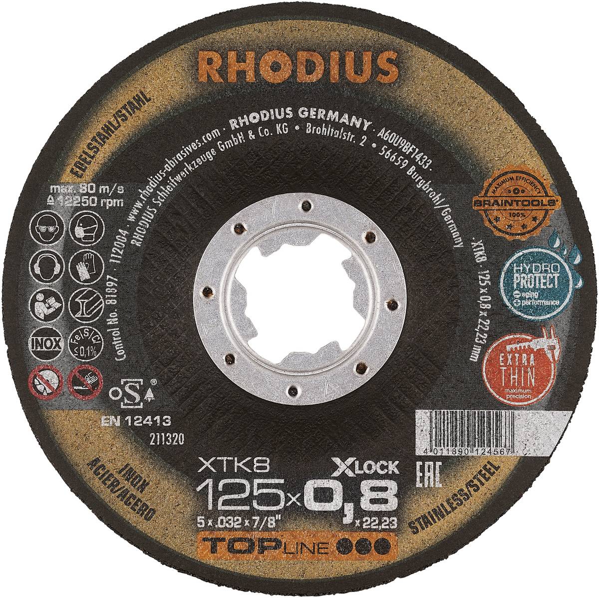 'Rhodius' Schleifscheibe für Edelstahl, Größe 125 x 1,0 mm, mit X-LOCK System. Enthält Logo und Sicherheitsinformationen.