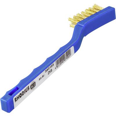 Blaue Drahtbürste von Rhodius, mit Messingborsten und Artikelnummer, geeignet für die Reinigung von Metalloberflächen.