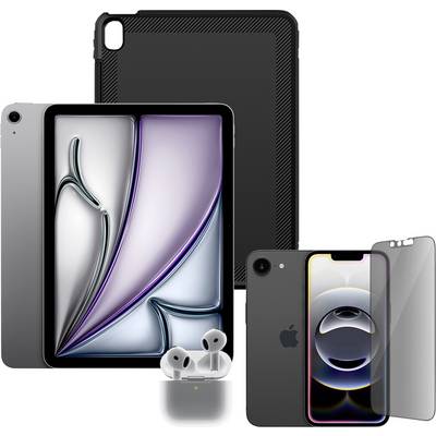 Tablet mit einem floralen Bildschirmdesign, Smartphone mit einem kreisförmigen Muster auf dem Display nebeneinander platziert, begleitet von Ohrhörern und einem Tablet-Etui.