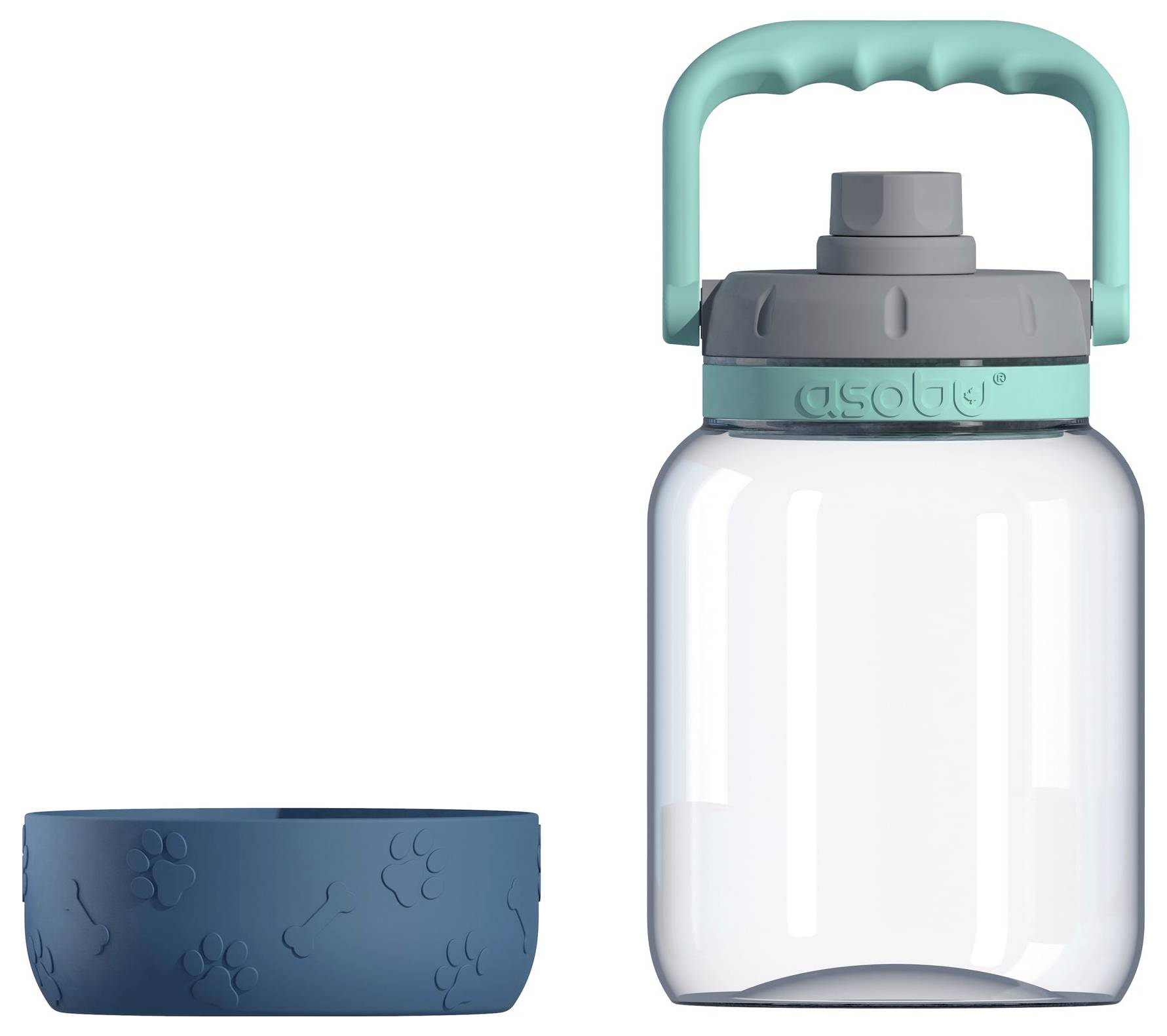 Klarglasflasche mit türkisfarbenem Griff, daneben eine abnehmbare, blaue Schale mit eingravierten Pfotenabdrücken.