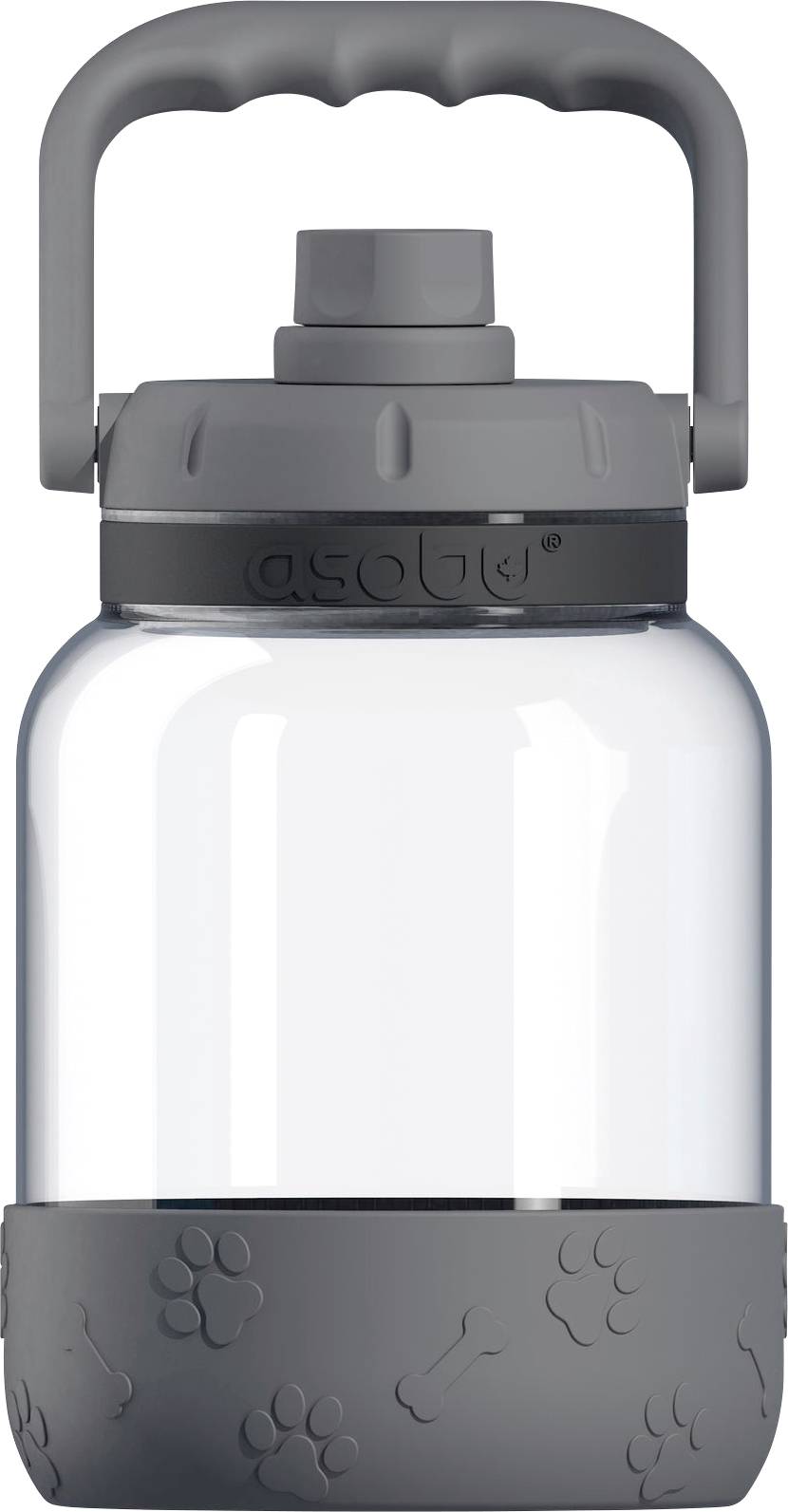 Klare Wasserflasche mit grauem Griff und Schutzkappe, verziert mit Pfoten- und Knochenmustern.