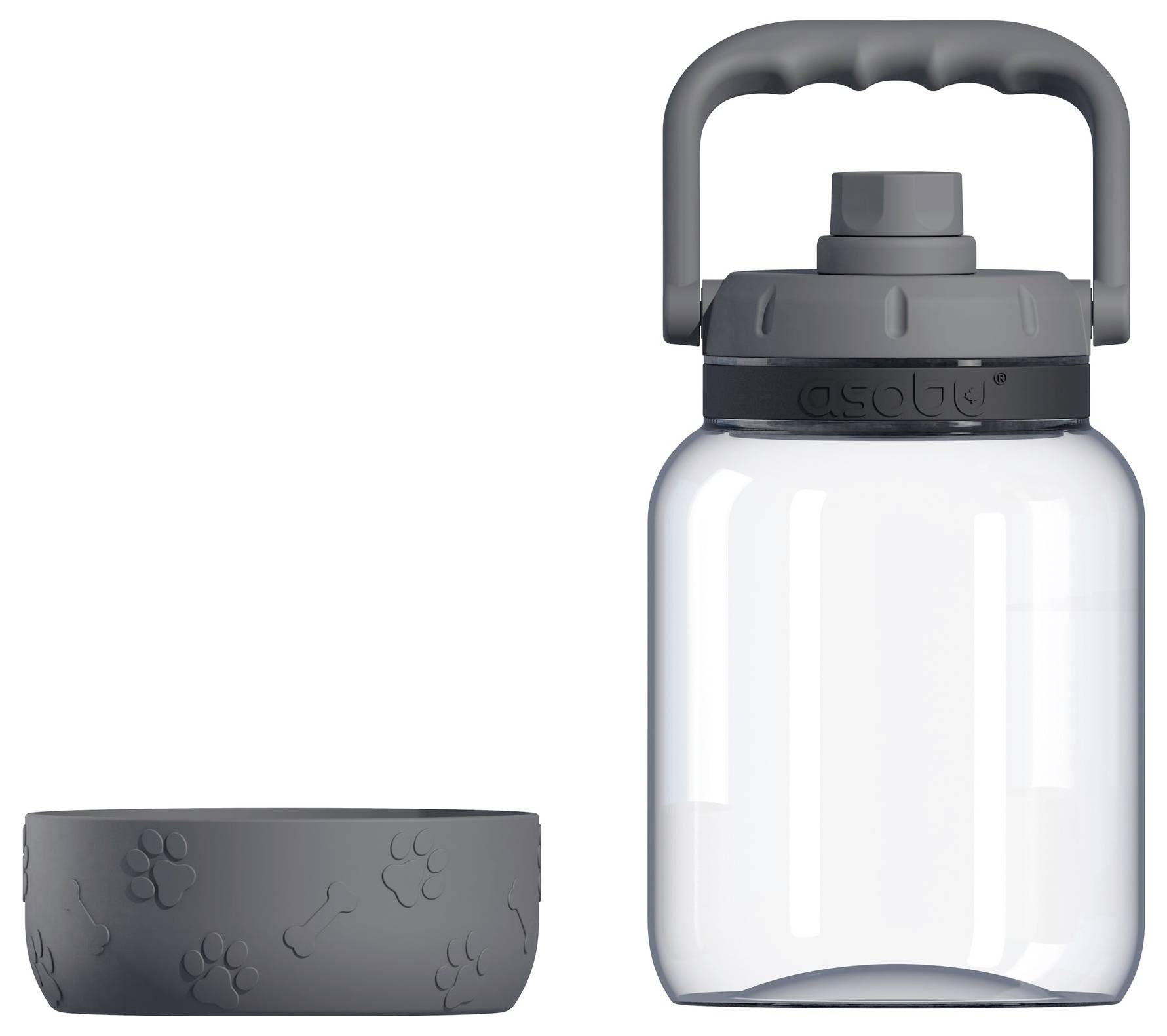 Trinkflasche mit abnehmbarem Napf für Haustiere. Die Flasche ist transparent mit grauen Details und einem Henkel.