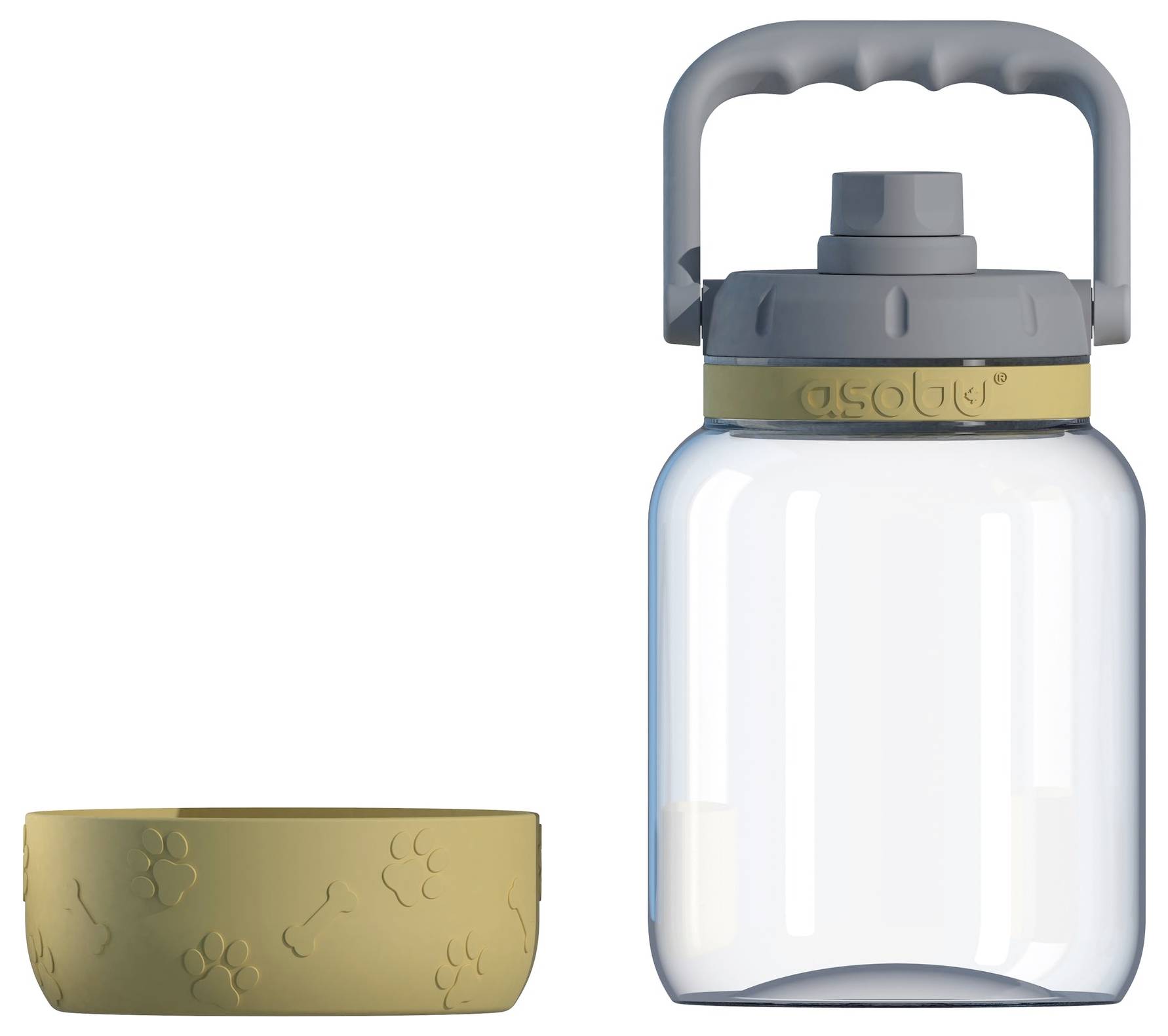 Tragbare Hundewasserflasche mit abnehmbarem Napf und praktischem Tragegriff, ideal für unterwegs.