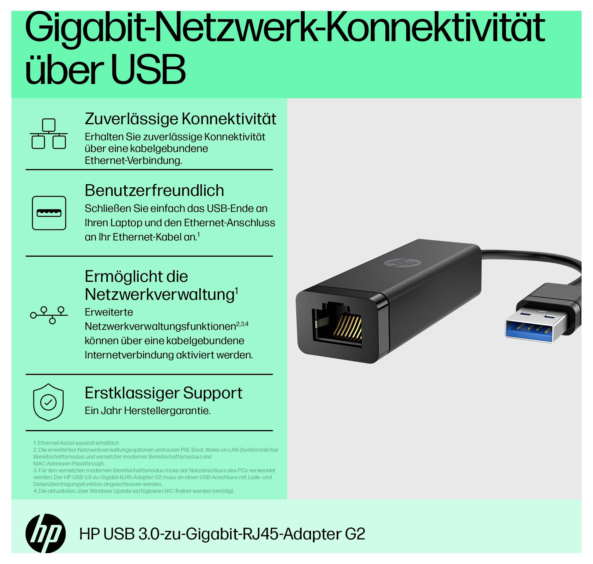 HP USB 3.2 Gen 1 (USB 3.0), RJ45 Adapter [1x USB-A Stecker - 1x RJ45-Buchse] USB-A - RJ45 Adapter G2 0.1 m-1