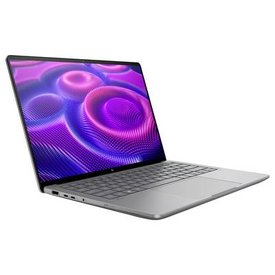 Ein silberner Laptop mit offenem Display zeigt ein farbenfrohes, abstraktes Muster in Rosa und Blau. Gehäuse hat USB-Anschlüsse.