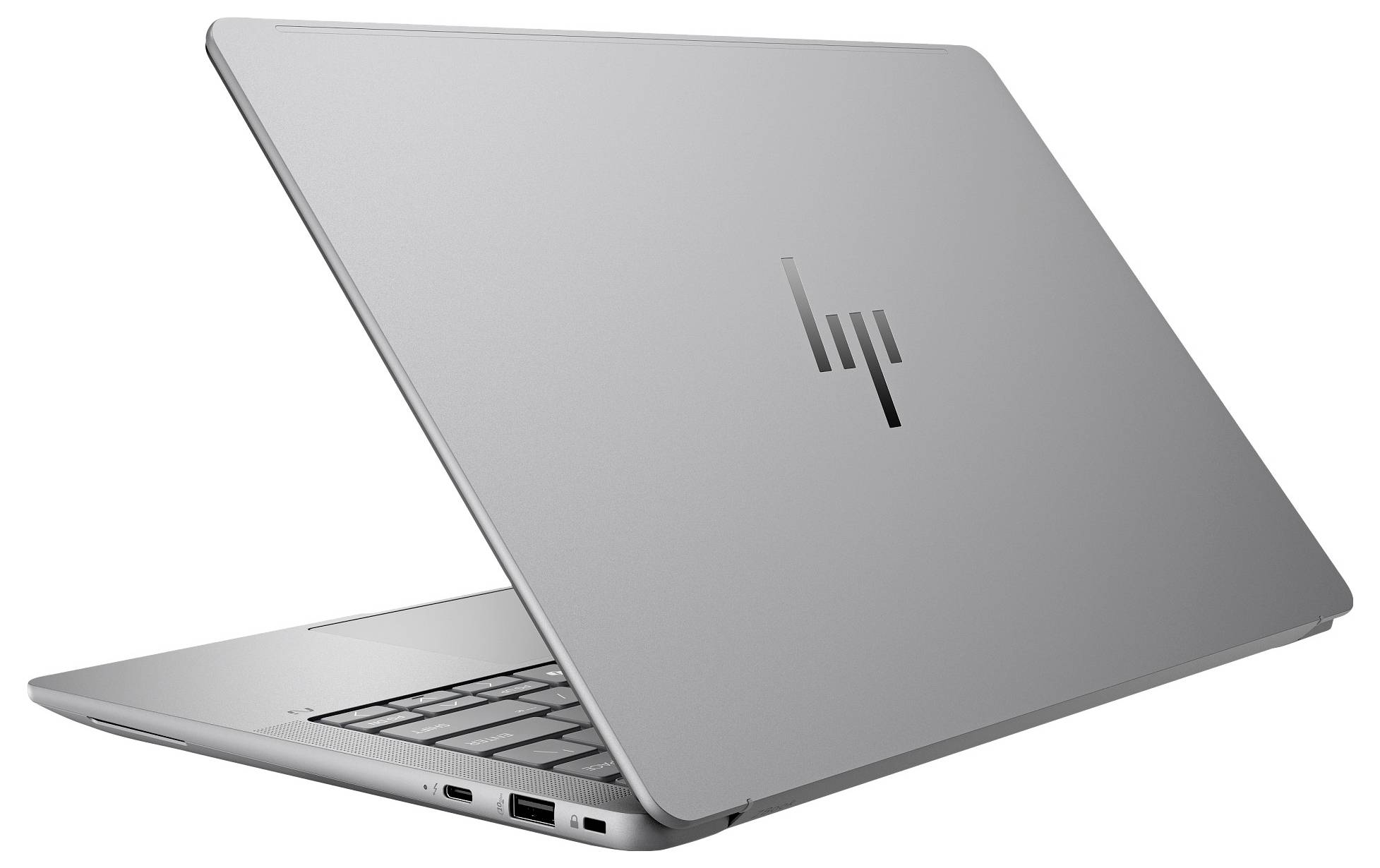 Ein silberner Laptop ist halb geöffnet. Der Bildschirm zeigt kein Bild. Auf der Rückseite des Displays befindet sich ein Logo.