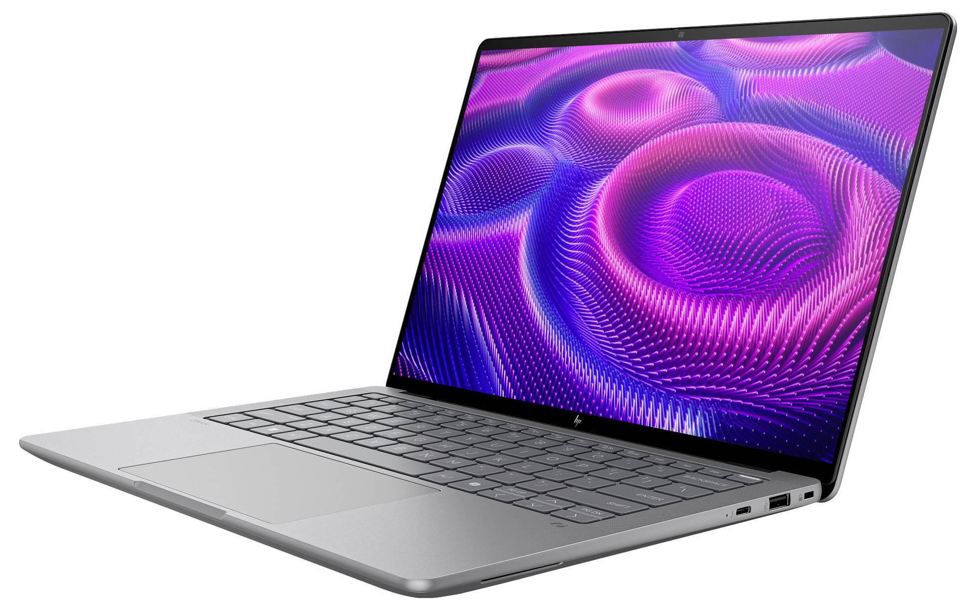 Silberner Laptop mit offenem Bildschirm, der ein lebendiges, pink-lila 3D-Swirl-Muster anzeigt. Flacher, moderner Entwurf.