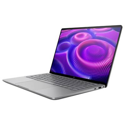 Silberner Laptop mit offenem Bildschirm, der ein lebendiges, pink-lila 3D-Swirl-Muster anzeigt. Flacher, moderner Entwurf.