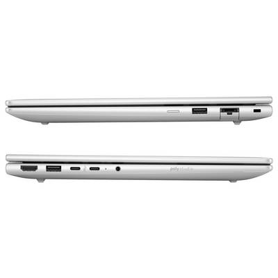 Zwei Laptops im Profil: oben mit USB-Anschlüssen und Ethernet-Port, unten mit HDMI-, USB-C-Anschlüssen und Kopfhörerbuchse.