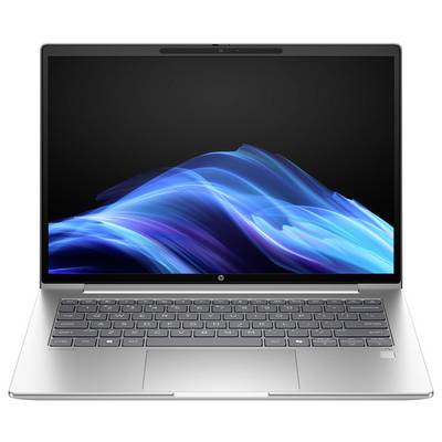 Ein silberner Laptop mit geöffnetem Display zeigt eine blaue, wellenartige Hintergrundgrafik. Die Tastatur ist sichtbar.