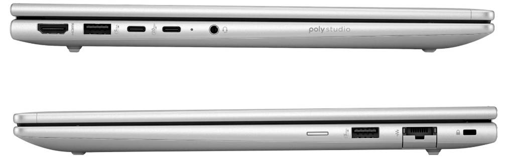 Zwei Laptops in der Seitenansicht zeigen Anschlüsse wie HDMI, USB, und Kopfhörerbuchsen. Oben ist die Anschrift 'poly studio'.