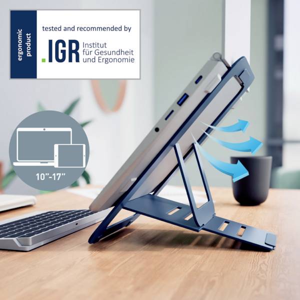 Laptop-Ständer in modernem Design, erhöht den Bildschirm. Zertifikat des Instituts für Gesundheit zeigt seine ergonomische Qualität.