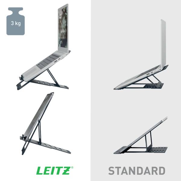 'Laptopständer von Leitz, anpassbar für verschiedene Winkel. Links mit 3 kg Gewichtsanzeige, rechts Standard-Modell ohne Logo.'