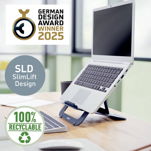 'German Design Award Winner 2025' Logo und Symbol. Laptop auf Ständer, Tisch, nachhaltiges Design, 100 % recycelbar, SLD SlimLift.