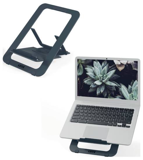 Laptop-Ständer von Leitz in Schwarz. Darstellung im zusammengeklappten Zustand und mit einem Laptop, der eine Pflanze zeigt.