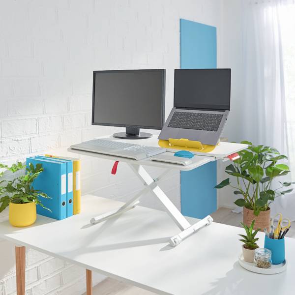 Ein höhenverstellbarer Schreibtisch mit Monitor, Laptop, Tastatur und Pflanzen. Helle, moderne Büroeinrichtung mit minimalistischer Ästhetik.