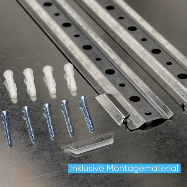 'Inklusive Montagematerial': Ein Set aus Wandhalterungen, Schrauben und Dübeln liegt auf einem Tisch.