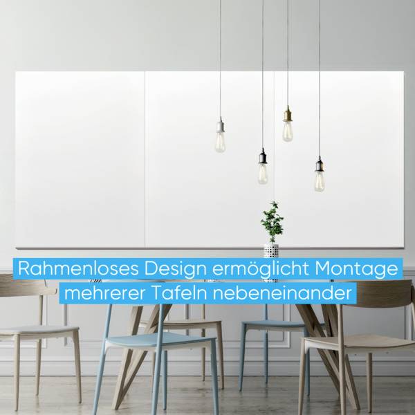 Ein schlichter Raum mit einem weißen Tafelsystem an der Wand, modernen Hängelampen und stilvollen Stühlen. Text ergänzt: 'Rahmenloses Design ermöglicht Montage mehrerer Tafeln nebeneinander'.