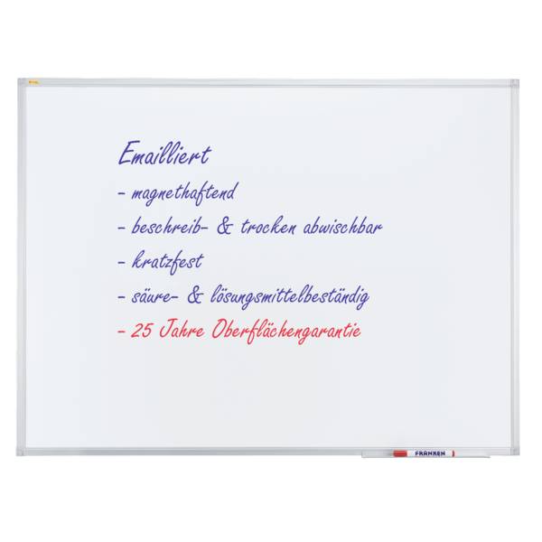 Weiße Tafel mit Text: 'Emailliert - magnethaftend, beschreib- & trocken abwischbar, kratzfest, säure- & lösungsmittelbeständig, 25 Jahre Oberflächengarantie'.