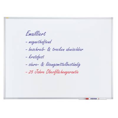 Weiße Tafel mit Text: 'Emailliert - magnethaftend, beschreib- & trocken abwischbar, kratzfest, säure- & lösungsmittelbeständig, 25 Jahre Oberflächengarantie'.