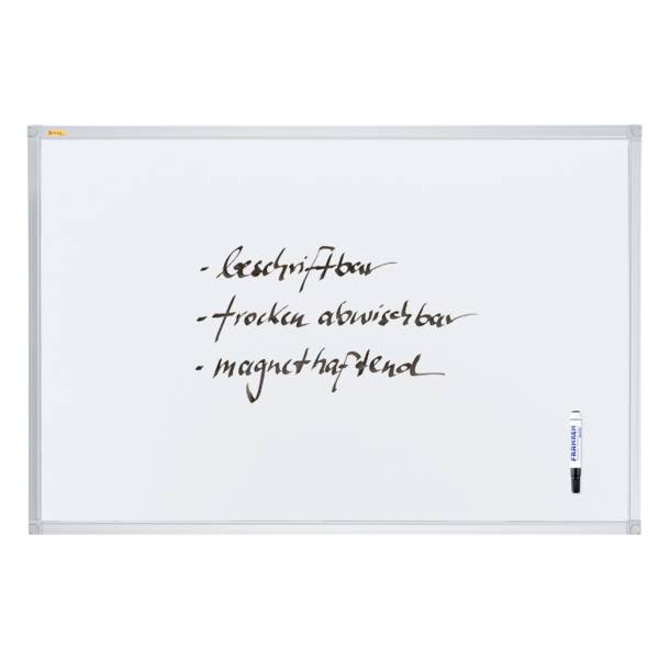 Ein Whiteboard mit handgeschriebenem Text: 'beschriftbar', 'trocken abwischbar', 'magnet haftend'. Rechts ein Whiteboard-Marker.