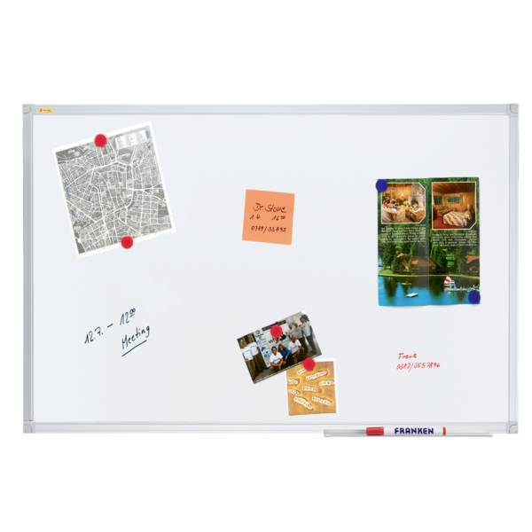 Ein Whiteboard mit farbigen Notizen, Fotos und einer Karte. Notizen enthalten Termine und Namen. Fotos zeigen Landschaften und Gruppen.