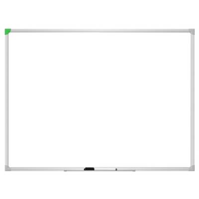 Ein leeres, weißes Whiteboard mit grünem Eckschutz und einem schwarzen Stift in der Halterung unten.