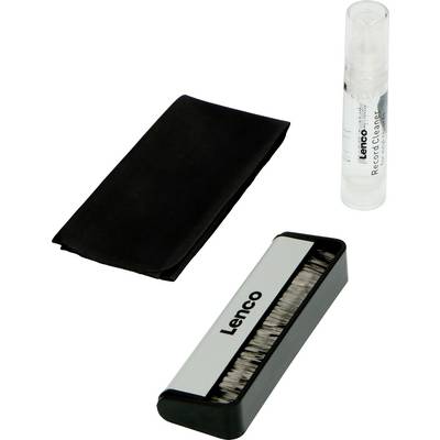 Reinigungsset für Schallplatten bestehend aus einer Bürste, einem schwarzen Tuch und einer Flasche Reinigungsflüssigkeit.
