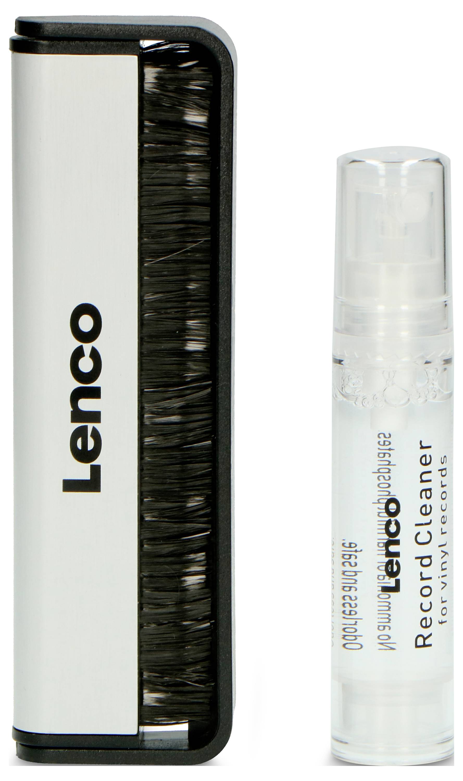 'Bild zeigt eine Reinigungsbürste und eine Flasche Plattenreiniger der Marke Lenco, zum Säubern von Vinyl-Schallplatten.'