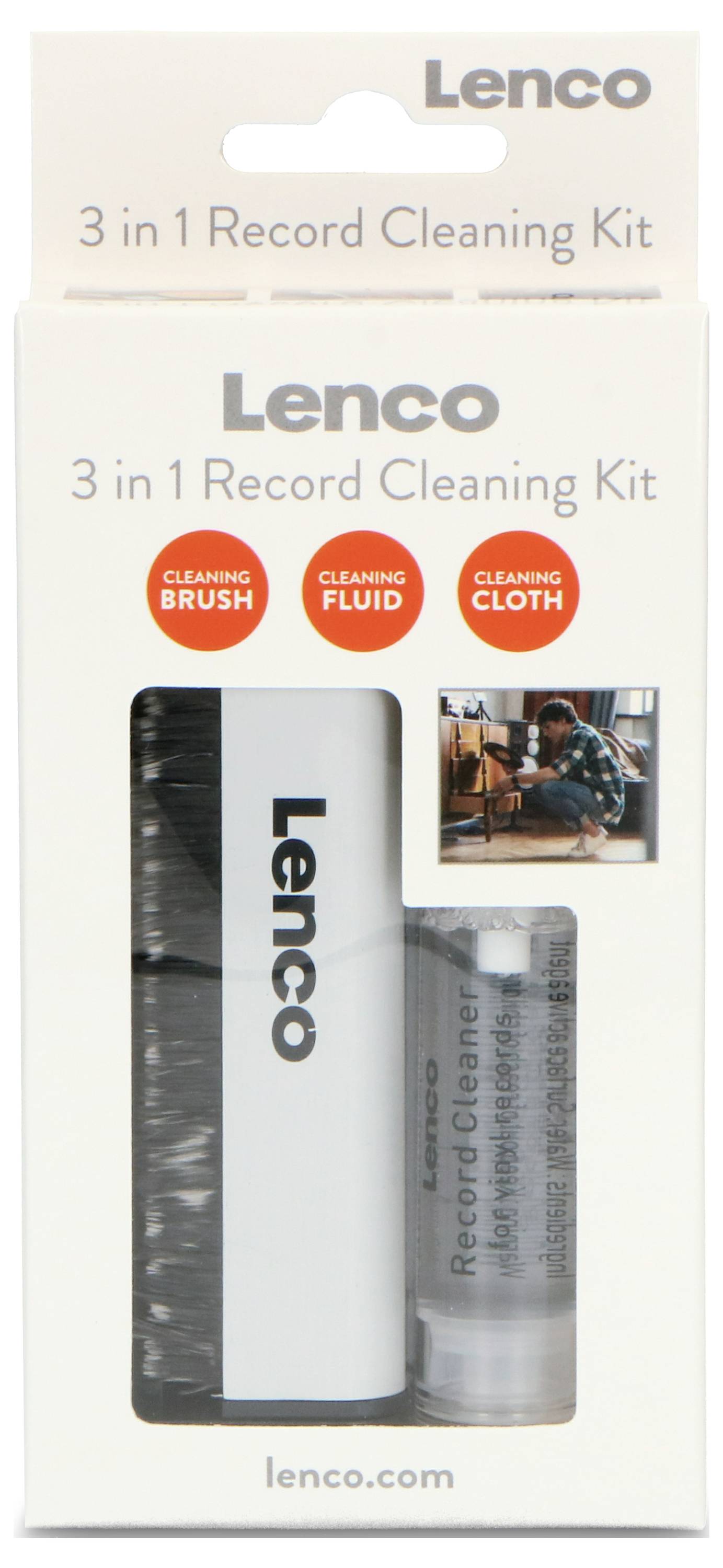 '3 in 1 Schallplatten-Reinigungsset' von Lenco, enthält Bürste, Reinigungsflüssigkeit und Tuch. Verpackungsansicht.