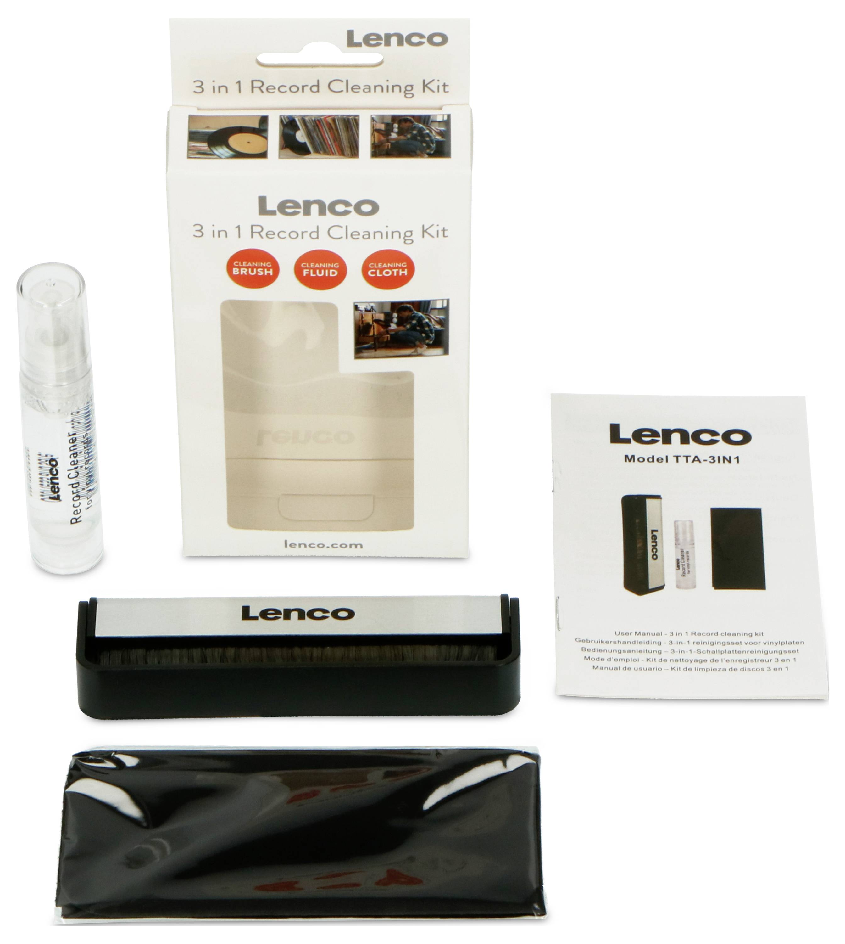 'Reinigungsset für Schallplatten, Modell Lenco 3 in 1, mit Bürste, Flüssigkeit und Tuch, Verpackung, Sprühflasche, Anleitung.'