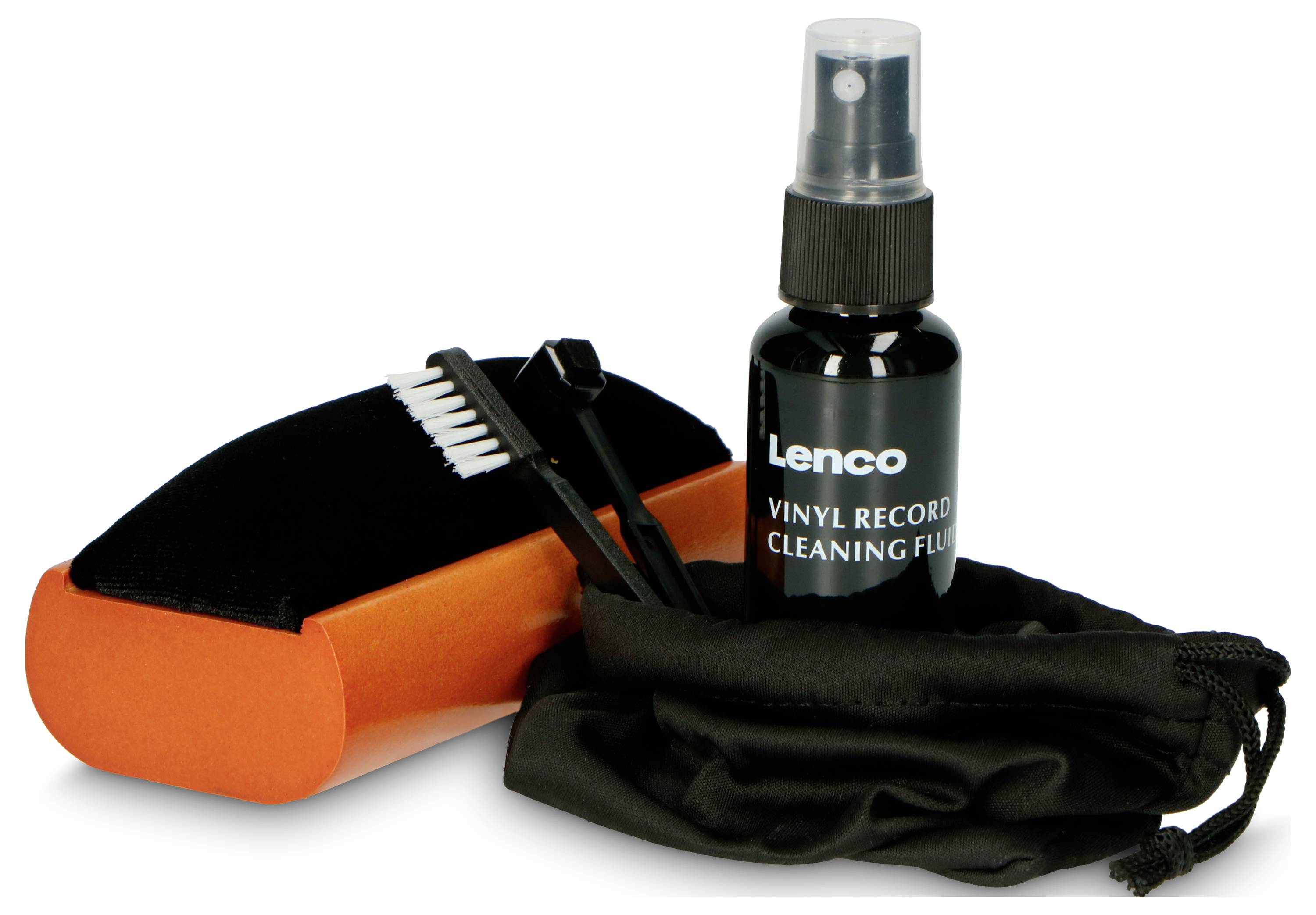 'Reinigungsset für Vinyl-Schallplatten mit Flüssigkeit, Bürste und Aufbewahrungsbeutel. Zur schonenden Pflege und Reinigung von Schallplatten.'