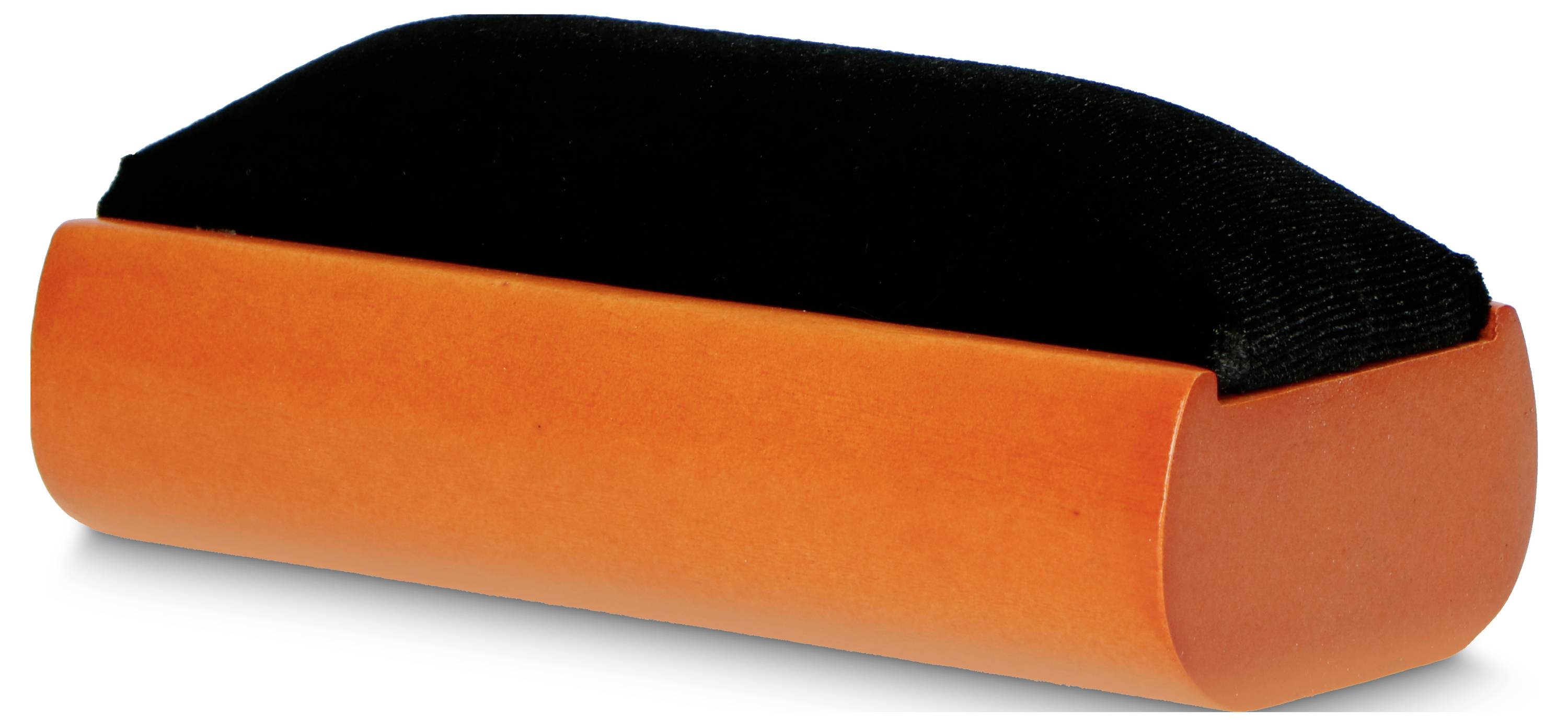 Ein orangefarbener Kreidestift-Halter aus Kunststoff mit schwarzer Filzfläche wird gezeigt.