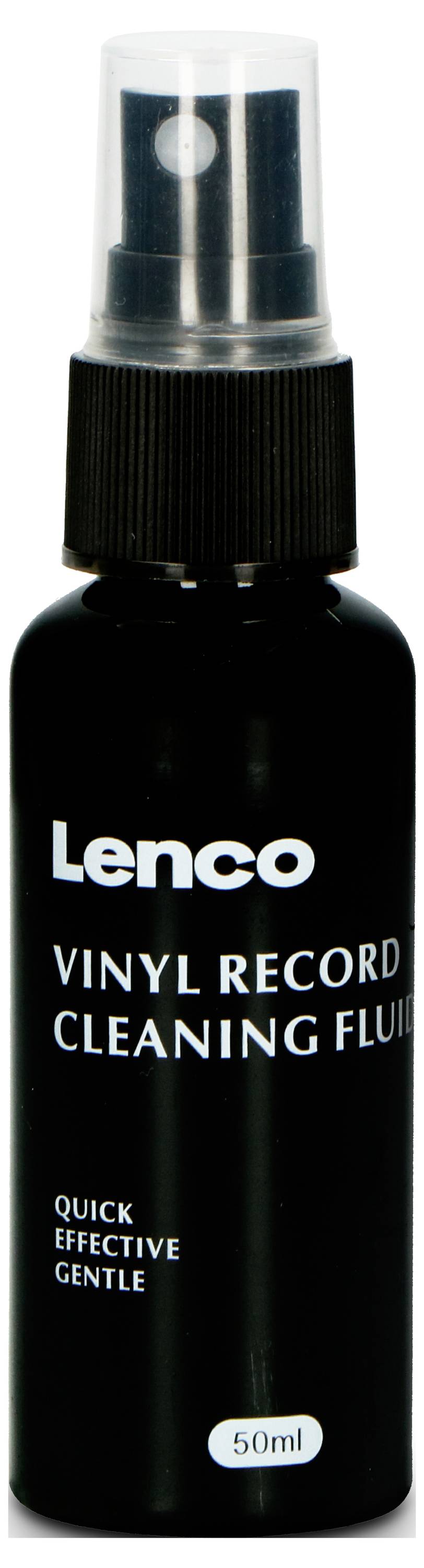 Schwarze Sprühflasche mit der Aufschrift 'Lenco Vinyl Record Cleaning Fluid'. Enthält 50 ml Reinigungsflüssigkeit für Schallplatten.