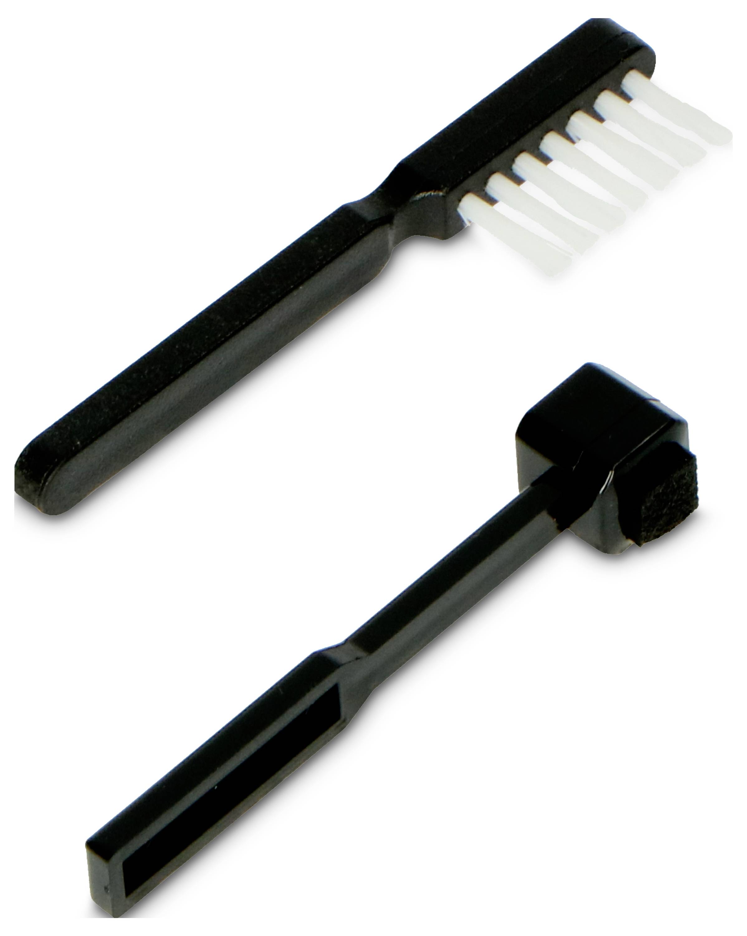 Zwei schwarze Zahnbürsten mit unterschiedlichen Borstenformen vor weißem Hintergrund; eine mit dichten Borsten und eine mit längeren, flexiblen Borsten.