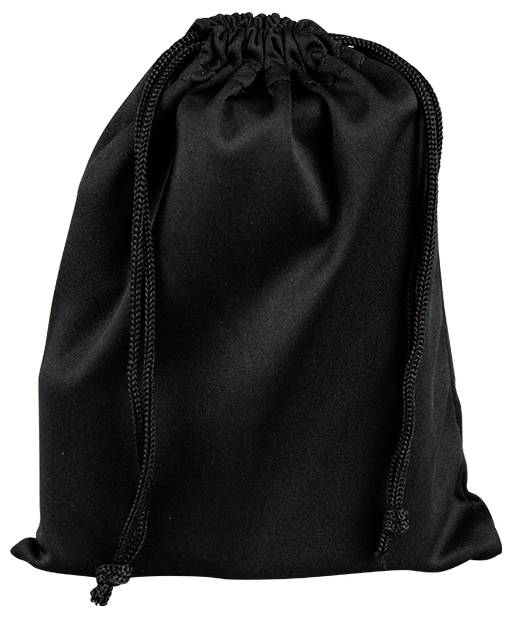 Schwarzer Stoffbeutel mit Kordelzug. Beutel steht aufrecht und ist leer.