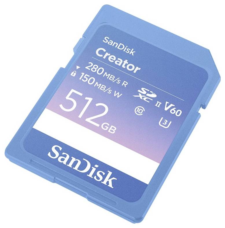 Eine blaue SD-Karte mit 512 GB Speicherkapazität von SanDisk, liest mit 280 MB/s und schreibt mit 150 MB/s, geeignet für 4K-Video.