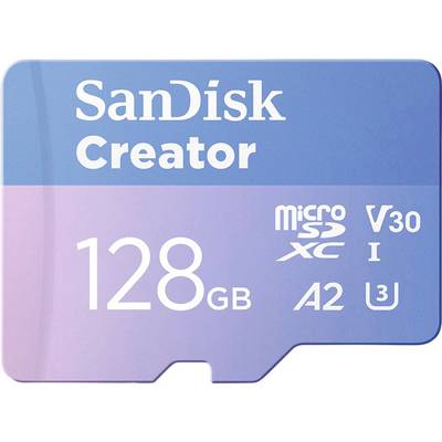 SanDisk Creator microSD-Karte mit 128 GB, A2, V30, U3; geeignet für 4K-Videoaufnahmen und schnelle Datenübertragung.