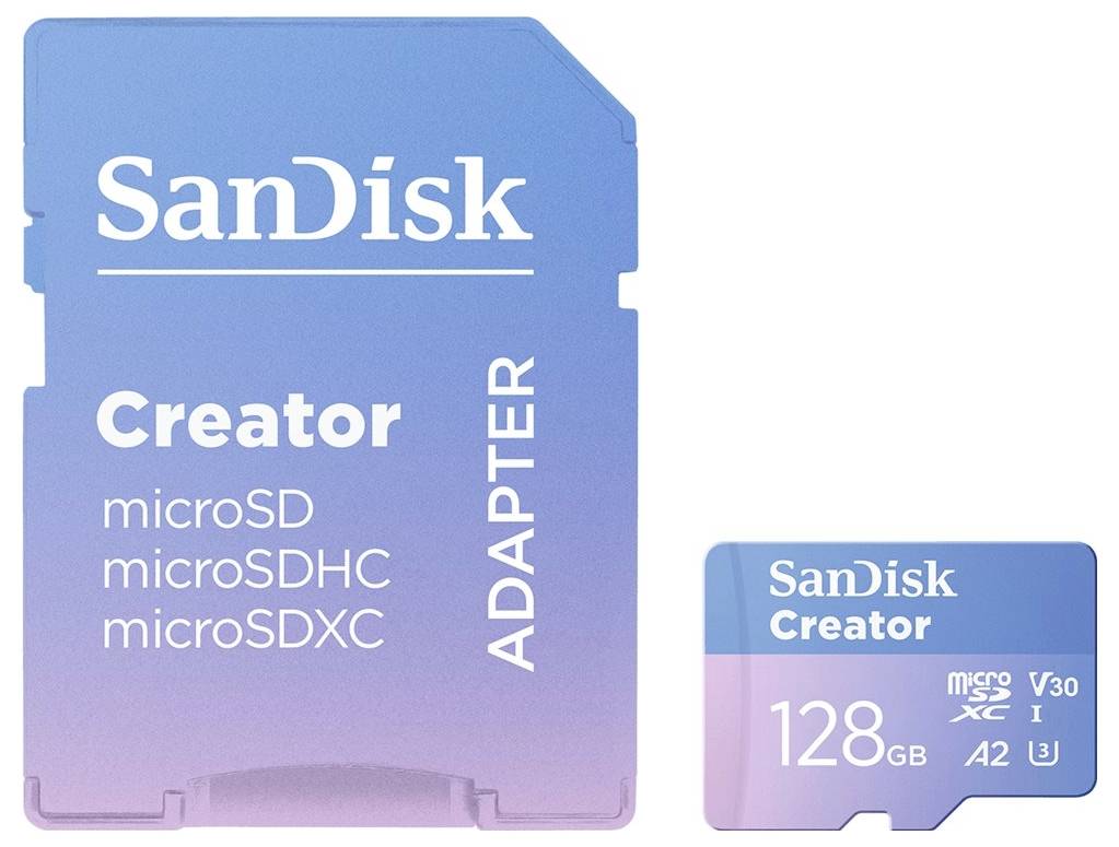 Eine SanDisk microSD-Karte mit 128 GB Speicher und zugehörigem Adapter. Geeignet für microSD, microSDHC und microSDXC Formate.