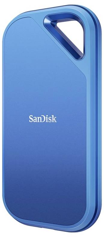 Ein blauer tragbarer SSD von SanDisk mit einem Haken zum Aufhängen.
