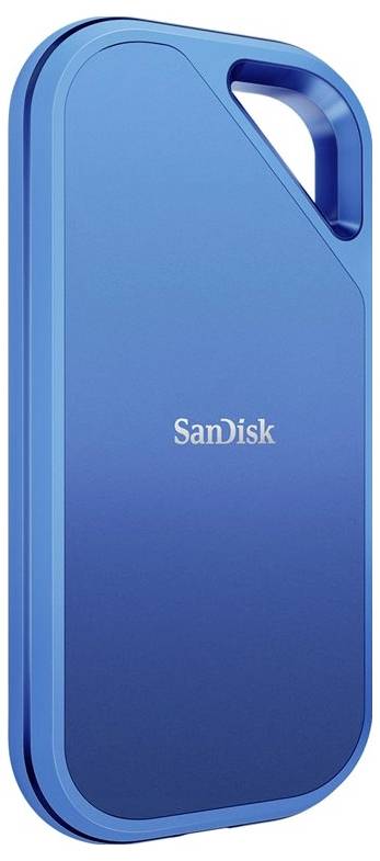 Externe blaue SanDisk SSD-Festplatte mit ergonomischem Griff oben rechts.