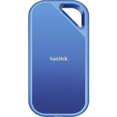 Externe blaue SanDisk SSD mit abgerundeten Ecken und einem Befestigungsloch in der oberen Ecke.