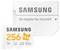 'Eine Samsung microSD-Karte mit 256 GB Kapazität und ein dazugehöriger SD-Adapter, beide in Weiß mit orangefarbenem Text.'