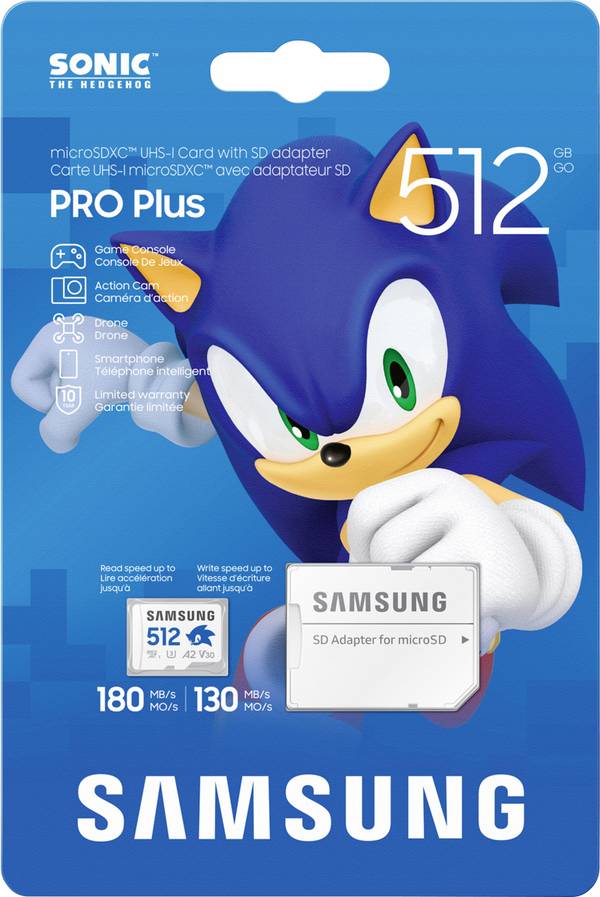 Samsung Sonic Edition - "Sonic" microSDXC-Karte Retail 512 GB A2 Application Performance Class, v30 Video Speed Class, UHS-I U3 “Sonic The Hedgehog” Sonderedition, Wasserfest, Temperaturbeständig, Röntgenstrahlenbeständig, Mit Magnetschutz, Sturzsicherheit, Verschleißfest, inkl. SD-Adapter