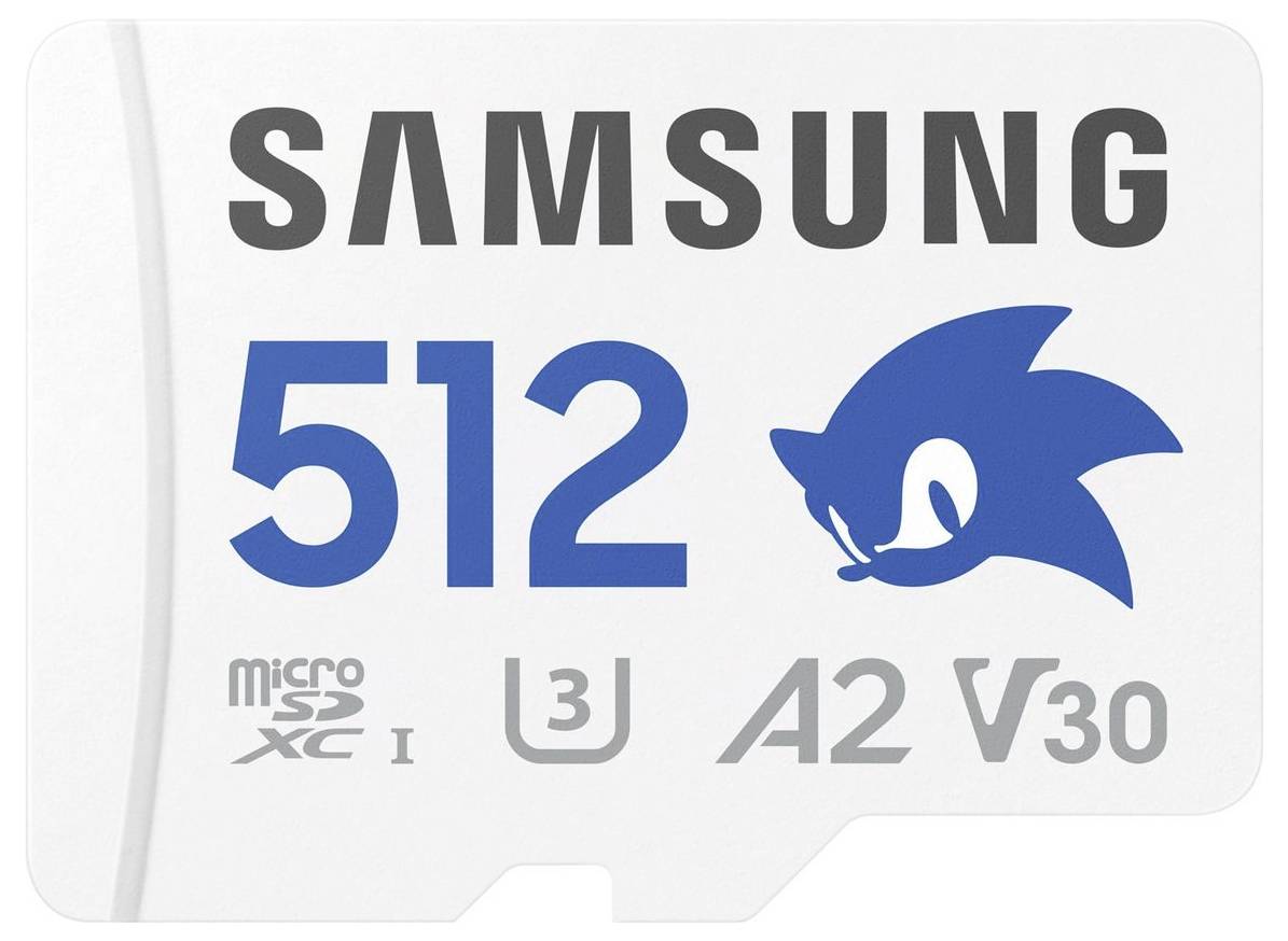 MicroSD-Karte von Samsung mit 512 GB Speicherkapazität, geeignet für Videoaufnahmen bis V30 und A2-Anwendungen.